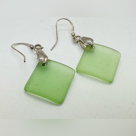Jewelry - Sea Glass Silver Drop Earrings Satin Green Pierced Hooks Beach Boho Artisan